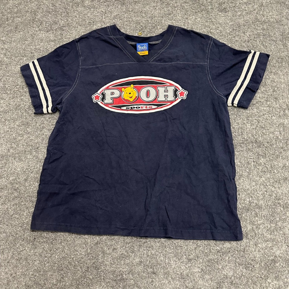 Pooh T-Shirt Womens Size L Navy Blue V-Neck Sports Graphic Striped Sleeve Disney